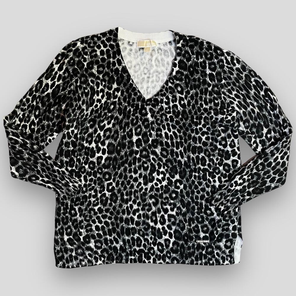 MICHAEL MICHAEL KORS ANIMAL PRINT VNECK SWEATER BLACK GRAY WHITE MEDIUM - Picture 3 of 11